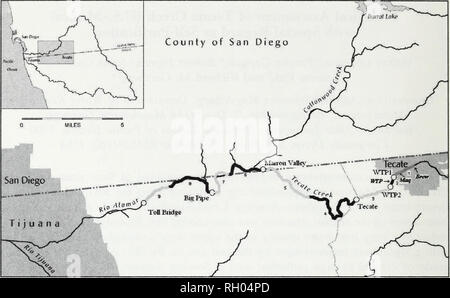 . Bollettino. La scienza. Sud della Accademia delle Scienze della California. Fig. 1. Mappa dei siti di campionamento (indicati da cerchi vuoti) su Tecate Creek e l'Alamar fiume. Ombreggiato (sia chiaro e scuro) sezioni di flusso rappresentano segmenti raggiunge dove ecomorphological valutazione è stata effettuata. La posizione di scarico dal Tecate municipale di trattamento delle acque reflue è indicata come "WTP". La posizione di scarico dal Tecate Birra Birreria e la Tecate maquiladora complesso sono indicate con "Brew" e "Maq" rispettivamente. Mappa adattato da Tijuana spartiacque del fiume database GIS Foto Stock