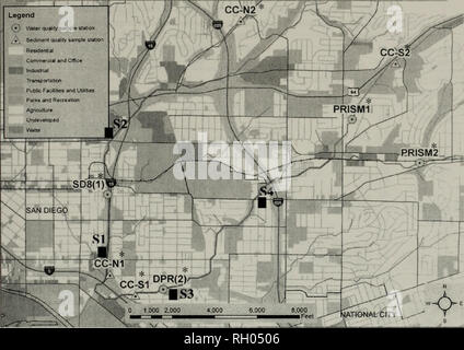 . Bollettino. La scienza. Diazinone nell'CHOLLAS CREEK WATERSHED 35 Legenda ...:qualità er stazione campione .â ^ La qualità dei sedimenti stazione campione residenziale commerciale e ufficio ff$ trasporto industriale Puolc f*0*t&GT;es e utilità Parchi e Ricreazione Agncuiture sottosviluppato acqua I. bi&GT;yr==a Fig. 1. Siti di campionamento su Chollas Creek, e relativi terreni uso del Chollas Creek spartiacque. Nota. *DPR(2), PRISM1, PRISM2, SD8(1) CC-N1, CC-N2, CC-S1, CC-S2 erano siti di campionamento da Weston Solutions, Inc., 2006. 0,1 pollici in acqua l'anno), storm caso precipitazione, intensità (la quantità di precipi Foto Stock