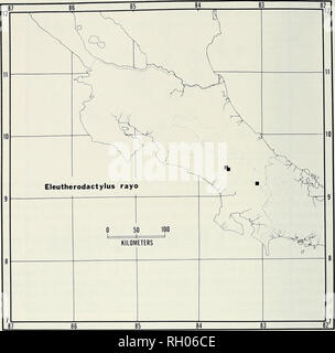 . Bollettino. Scienza e storia naturale; storia naturale. 112 sud della Accademia delle Scienze della California. Fig. 4. Distribuzione di Eleutherodactylus rayo. La linea tratteggiata indica il 1500 m. di contorno sono estremamente simili morfologicamente e sono probabilmente filogeneticamente dallo stesso lignaggio evolutiva (es., Savage, 1976). Un'altra alternativa (Lynch, 1976) è stato il gruppo di specie a un livello più elevato (subgeneric) senza dare ai gruppi formali di tassonomia. Purtroppo il primo metodo non fornisce un quadro valido per stabilire la storia evolutiva del genere, mentre il Foto Stock