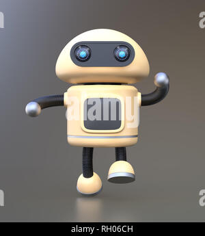 Vista frontale del simpatico robot alzare le mani sul gradiente dello sfondo. Il rendering 3D'immagine. Foto Stock
