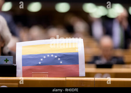 Il 30 gennaio 2019, Belgio, Brüssel: 30.01.2019, il Belgio, Bruxelles: membro spagnolo del Parlamento europeo Javier Nart aggiungi una bandiera venezuelana durante una sessione del Parlamento europeo su Brexit il 30 gennaio 2019 a Bruxelles, in Belgio. Brexit è colloquialmente noto come uscita del Regno Unito dall'Unione europea, e più in particolare la procedura di ritiro iniziato il 29 Marzo 2017 mediante la notifica di cui all'articolo 50 del trattato sull Unione europea. - Nessun filo SERVICE Foto: Thierry Monasse/dpa Foto Stock