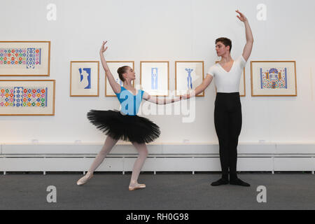 Worcester, Regno Unito. Il 31 gennaio, 2019. Gli studenti di balletto Aimee Casey e Alex Johnson della Elmhurst Ballet School, Birmingham, mettere in pratica alcuni balletto classico movimenti nella parte anteriore di alcuni di Henri Matisse il famoso ritaglio di foto. Storie da Diaghilev's Ballet Russes raccontata attraverso i costumi, i programmi e gli oggetti sono per la prima volta insieme a Worcester City Art Gallery and Museum dal 2 febbraio al 27 Aprile, 2019. Philippa Tinsley, curatore di Worcester City Art Gallery and Museum, ha detto, "Siamo molto entusiasti di portare questi due favolosi mostre a Worcester. Credito: Pietro Lopeman/Alamy Liv Foto Stock