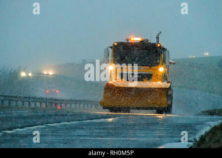 A35, lungo Bredy, Dorset, Regno Unito. Il 31 gennaio 2019. Regno Unito Meteo. Un gritting camion con uno spartineve dotato trattare la strada con sale come la neve cade al tramonto. L'Ambra allarme meteo è stato rilasciato per il sud ovest dell'Inghilterra con 5-10 cm di neve previsto a cadere. Credito Foto: Graham Fotografia Suoneria/Alamy Live News Foto Stock