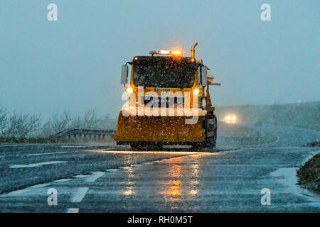 A35, lungo Bredy, Dorset, Regno Unito. Il 31 gennaio 2019. Regno Unito Meteo. Un gritting camion con uno spartineve dotato trattare la strada con sale come la neve cade al tramonto. L'Ambra allarme meteo è stato rilasciato per il sud ovest dell'Inghilterra con 5-10 cm di neve previsto a cadere. Credito Foto: Graham Fotografia Suoneria/Alamy Live News Foto Stock