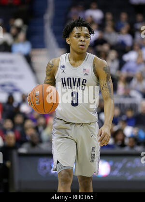 31 gennaio 2019: Georgetown Hoyas Guard (3) Giacomo Akinjo durante una NCAA di pallacanestro degli uomini di gioco tra il Georgetown Hoyas e Xavier moschettieri al capitale una Arena in Washington, DC Justin Cooper/CSM Foto Stock