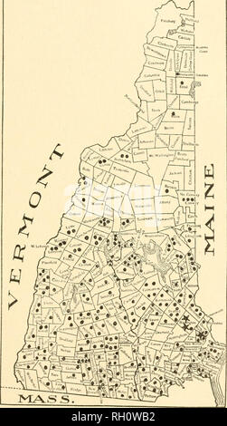 . Bollettino. Agricoltura -- New Hampshire. Luglio, 1914.] il verme APPLE. 25. MA.SS. Grafico 2. Ubicazione dei punti di osservazione in apple verme studi, indicano la posizione dei grandi esperimenti. Stelle. Si prega di notare che queste immagini vengono estratte dalla pagina sottoposta a scansione di immagini che possono essere state migliorate digitalmente per la leggibilità - Colorazione e aspetto di queste illustrazioni potrebbero non perfettamente assomigliano al lavoro originale. New Hampshire Stazione di Esperimento Agricola. [Hannover, N. H. ] : New Hampshire Agricolo Experiment Stazione Foto Stock