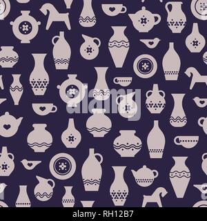 Ceramiche Artigianali o ceramica modello senza giunture. Vasi, piatti, una tazza, teiera. Illustrazione Vettoriale