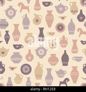 Vettore senza giunture ceramica pattern con vasi e altre ceramiche artigianali. Illustrazione Vettoriale