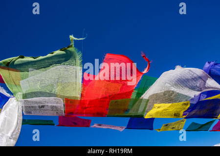 Colorato la preghiera buddista sono bandiere svolazzanti sotto il cielo blu Foto Stock