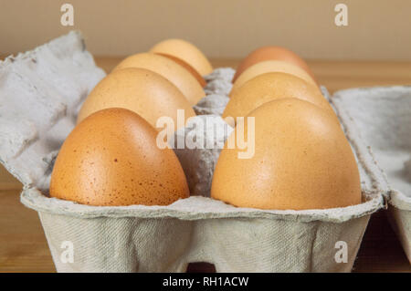 Vista laterale di dieci uova di pollo in una scatola di cartone su una tabella con una copia dello spazio. Foto Stock