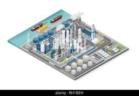 Industria petrolifera e del gas e del processo di produzione: infografico raffineria isometrica, pipeline e persone che lavorano Illustrazione Vettoriale