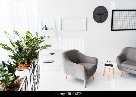 Moderno arredamento della sala di attesa con poltrone di colore grigio e piante Foto Stock