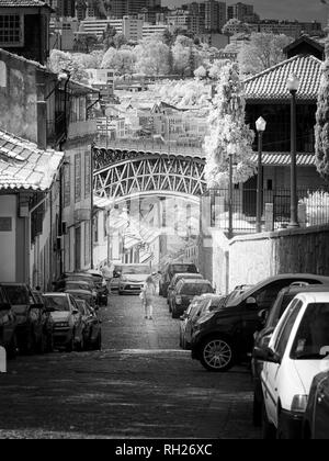 Vecchia architettura di Oporto. Utilizzate il filtro a raggi infrarossi. Sono stati aggiunti alcuni rumore digitale. Foto Stock