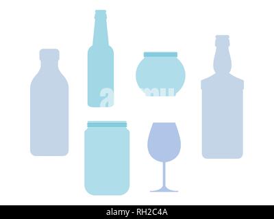 Rifiuti di vetro adatto per il riciclaggio. Set di diverse bottiglie, vasi e bicchieri. Isolato su sfondo bianco. Illustrazione Vettoriale, di tipo piatto. Illustrazione Vettoriale