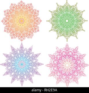 Round mandala di gradiente su sfondo bianco. Vector boho mandala in verde e rosa di colori. Mandala con motivi floreali. Modello di Yoga Illustrazione Vettoriale