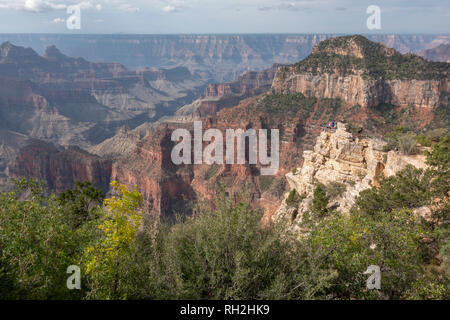 Vista sud da vicino al Grand Canyon Lodge (passato una piattaforma di osservazione con persone), North Rim, il Parco Nazionale del Grand Canyon, Arizona, Stati Uniti. Foto Stock