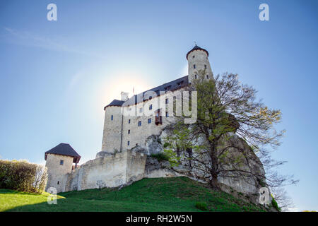 Le rovine di un castello gotico e hotel in Bobolice, Polonia. Il castello nel villaggio di Bobolice, Jura Krakowsko-Czestochowska. Castello di eagle nidi di stile. Foto Stock