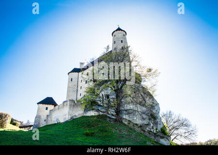 Le rovine di un castello gotico e hotel in Bobolice, Polonia. Il castello nel villaggio di Bobolice, Jura Krakowsko-Czestochowska. Castello di eagle nidi di stile. Foto Stock