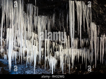 Molti ghiaccioli che pendevano dal soffitto della caverna Foto Stock