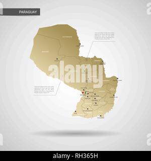 Vettore stilizzati Paraguay mappa. Una infografica 3d oro illustrazione mappa con le città, le frontiere, il capitale e le divisioni amministrative e il puntatore di marchi, ombra; Illustrazione Vettoriale