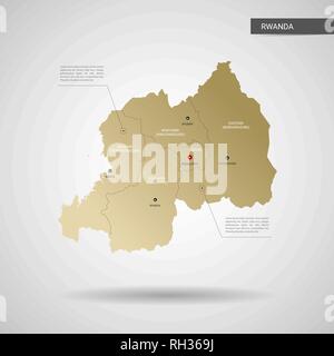 Vettore stilizzati Ruanda mappa. Una infografica 3d oro illustrazione mappa con le città, le frontiere, il capitale e le divisioni amministrative e il puntatore di marchi, ombra; g Illustrazione Vettoriale