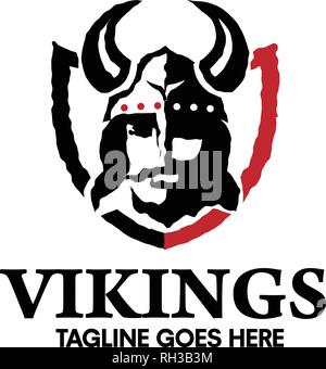 Creative Viking guerriero di testa con un casco cornuta, un simbolo di forza, Viking guerriero con scudo logo design Illustrazione Vettoriale