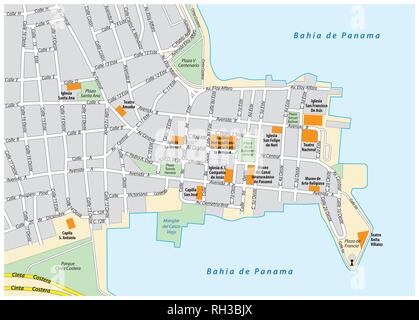 La mappa stradale di la città vecchia di Panama City, Panama Illustrazione Vettoriale