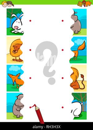 Cartoon illustrazione di immagini educativi Matching Game per bambini con i puzzle di simpatici animali Illustrazione Vettoriale