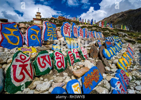 Molte colorate Mani pietre con le rocce scolpite mantra buddista di Avalokiteshwara, OM MANI PADME HUM, ammucchiati intorno al monastero locale Foto Stock