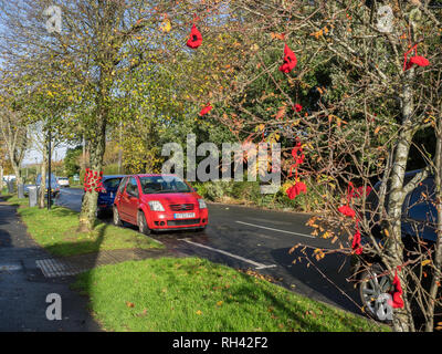 Un villaggio ricorda ricordo con bombardamenti di filati Uncinetto rosso papavero papaveri appeso su alberi e cespugli arbusti in tutto il paese Foto Stock