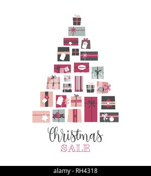 Vendita di natale. pila di presenta disposti come un astratto albero di natale. illustrazione vettoriale Illustrazione Vettoriale