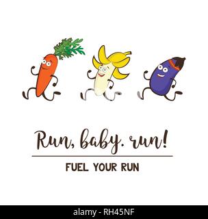 Divertente di frutta e verdura. Mangiare sano e fitness. Carino il cibo dei cartoni animati di set di vettore. illustrazione vettoriale Illustrazione Vettoriale