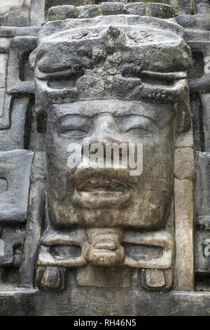 Immagine ravvicinata di Olmec stile maschera di pietra sul tempio Maya di Lamanai in Belize. Foto Stock