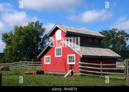 Dipinto di rosso farm annesso alloggiamento polli e capre Foto Stock