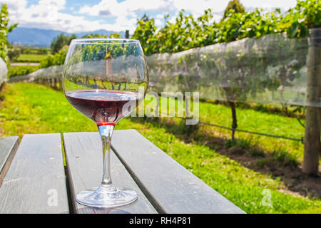 Il vetro con il vino rosso sul tavolo nel vigneto di Hawkes Bay, Nuova Zelanda Foto Stock