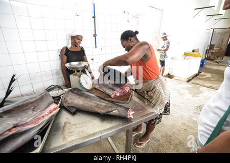 Capo Verde Isola di Maio: mercato del pesce dopo un viaggio di pesca in Vila do Maio (Porto Ingles). Pesatura del pesce e il taglio Foto Stock