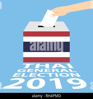 Thai elezione generale 2019 illustrazione vettoriale di tipo piatto - mettendo mano carta di voto in urne Illustrazione Vettoriale