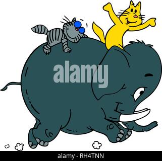 Illustrazione Vettoriale di due cartoon gatti che viaggiano su un baby elephant Illustrazione Vettoriale