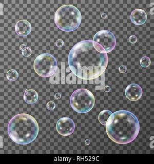 Bolle di sapone su sfondo trasparente, set di vettore Illustrazione Vettoriale