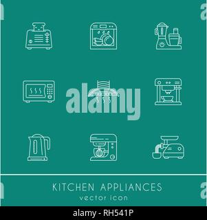Utensili da cucina ed elettrodomestici icone lineare Illustrazione Vettoriale