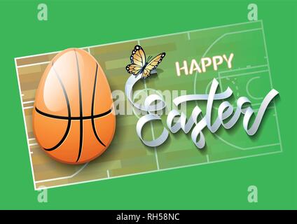 Felice Pasqua. Uovo di Pasqua nella forma di una palla da basket su un campo di pallacanestro sfondo. Illustrazione Vettoriale. Illustrazione Vettoriale