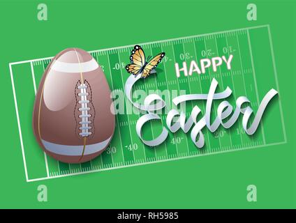 Felice Pasqua. Uovo di Pasqua nella forma di una sfera di calcio su un campo di calcio dello sfondo. Illustrazione Vettoriale. Illustrazione Vettoriale