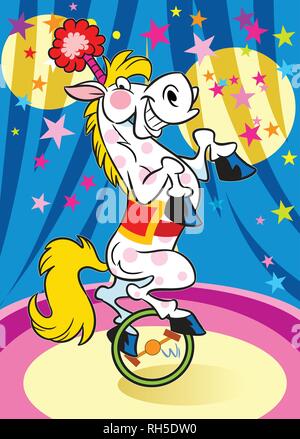 Un cavallo addestrato mostra nel circus.ella divertente correre sulla ruota. Illustrazione Vettoriale