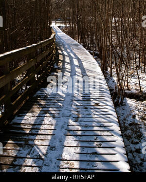 Una passerella di legno nel parco di Frick, Pittsburgh, Pennsylvania, USA coperto di neve con la ringhiera gettando ombre Foto Stock