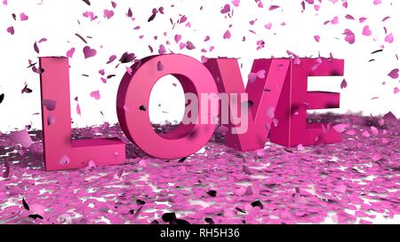 Petali di rosa con una forma di cuore la caduta della parola amore in colore violetto su un pavimento bianco. Il giorno di San Valentino del concetto. 3d illustrazione Foto Stock