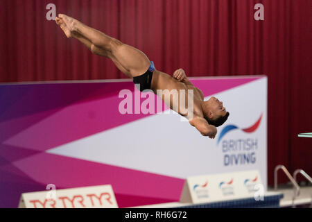 Plymouth, UK. Il 1° febbraio 2019. in uomini Prelim durante il British National Diving Cup 2019 a Plymouth Life Centre su Venerdì, 01 febbraio 2019. PLYMOUTH in Inghilterra. (Solo uso editoriale, è richiesta una licenza per uso commerciale. Nessun uso in scommesse, giochi o un singolo giocatore/club/league pubblicazioni.) Credito: Taka G Wu/Alamy News Foto Stock