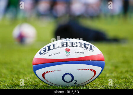 Energia Park, Dublin, Irlanda. Il 1° febbraio 2019. Womens Sei Nazioni di rugby, Irlanda contro l'Inghilterra; una pratica sfera per la lingua inglese donne squadra Credito: Azione Sport Plus/Alamy Live News Foto Stock