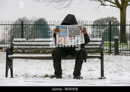 Londra, UK 1 Feb 2019 - Un uomo seduto su una panchina coperta di neve è visto leggendo una copia di oggi del metro in un North London park dopo una notte di nevicata nella capitale. Credito: Dinendra Haria/Alamy Live News Foto Stock