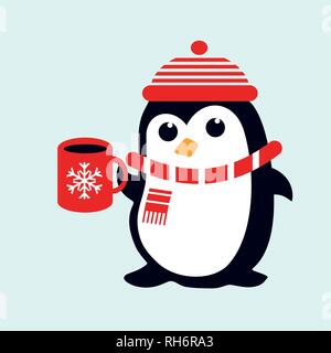 Funny attraente pinguino in Red Hat, sciarpa con coppa di rosso con il simbolo del fiocco di neve. Per bambino e vivaio Natale tessuto, carta da parati, pacchetto regalo Illustrazione Vettoriale