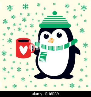 Funny attraente pinguino in verde hat, sciarpa con refcup con il cuore. Per bambino e vivaio Natale tessuto, carta da parati, pacchetto regalo. Illustrazione Vettoriale